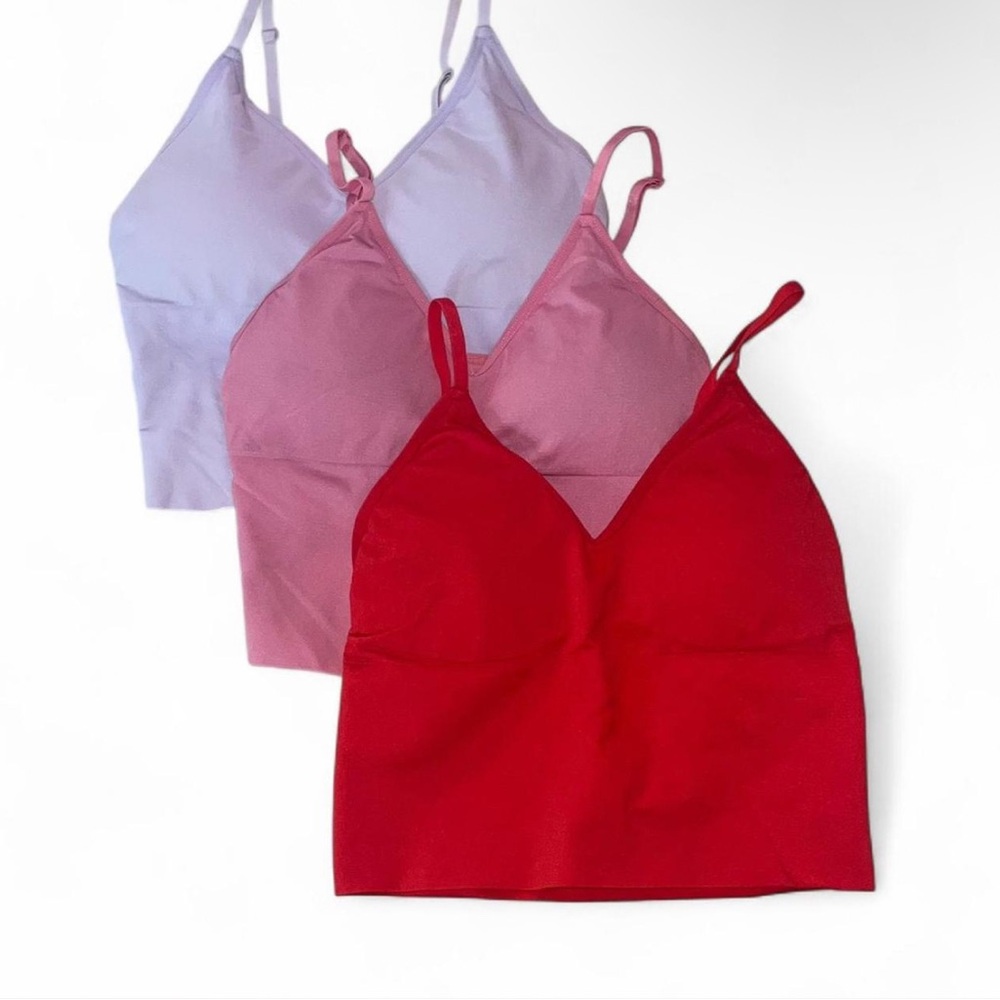 Set of Three Camisole Tops in Red, Pink, and Lavender